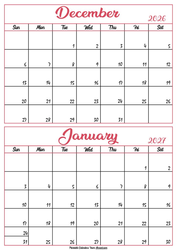 Calendar December 2026 January 2027