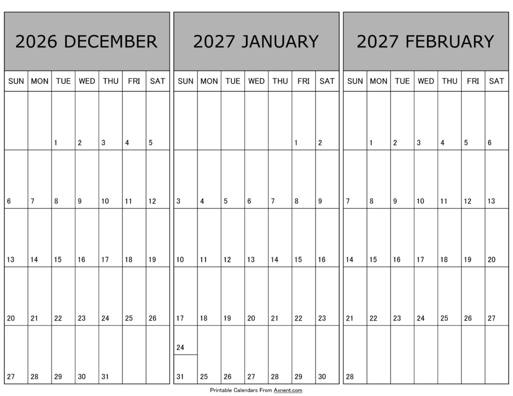 Calendar December 2026 January February 2027