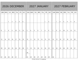 Calendar December 2026 January February 2027
