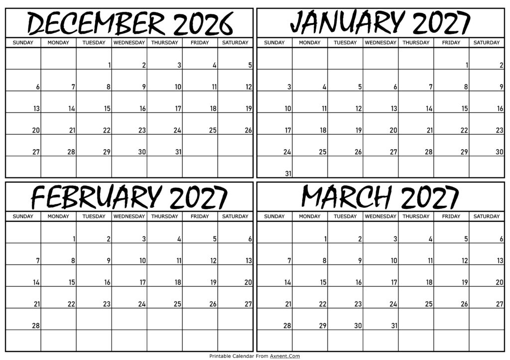 Calendar December 2026 to March 2027
