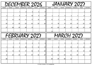 Calendar December 2026 to March 2027