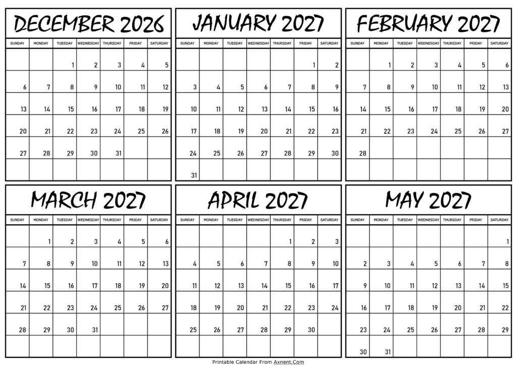Calendar December 2026 to May 2027