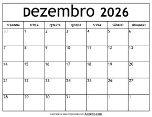 Calendário De Dezembro De 2026