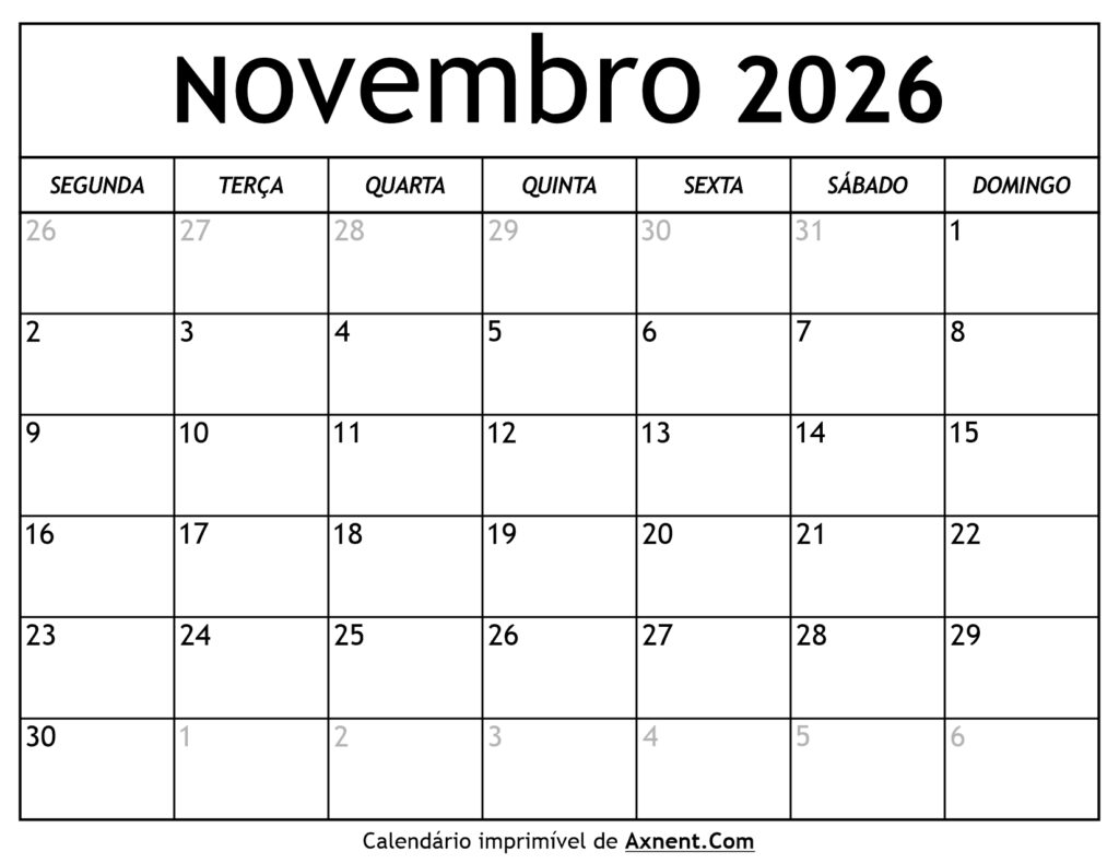 Calendário De Novembro De 2026