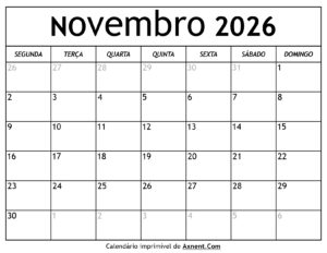 Calendário De Novembro De 2026