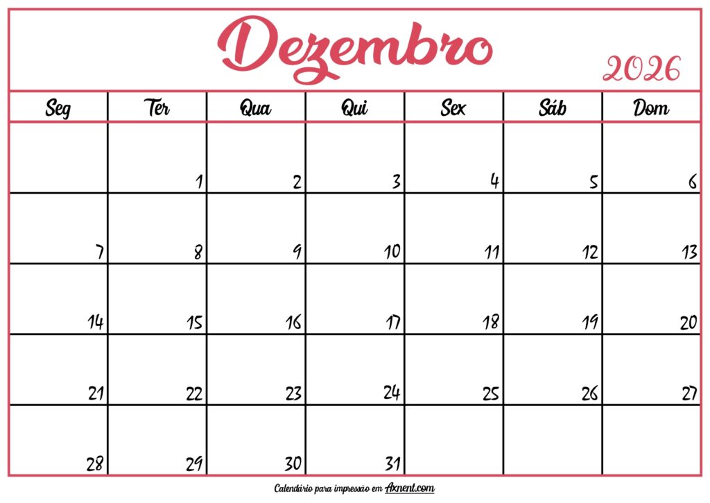 Calendário Dezembro 2026