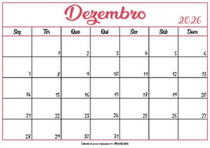 Calendário Dezembro 2026