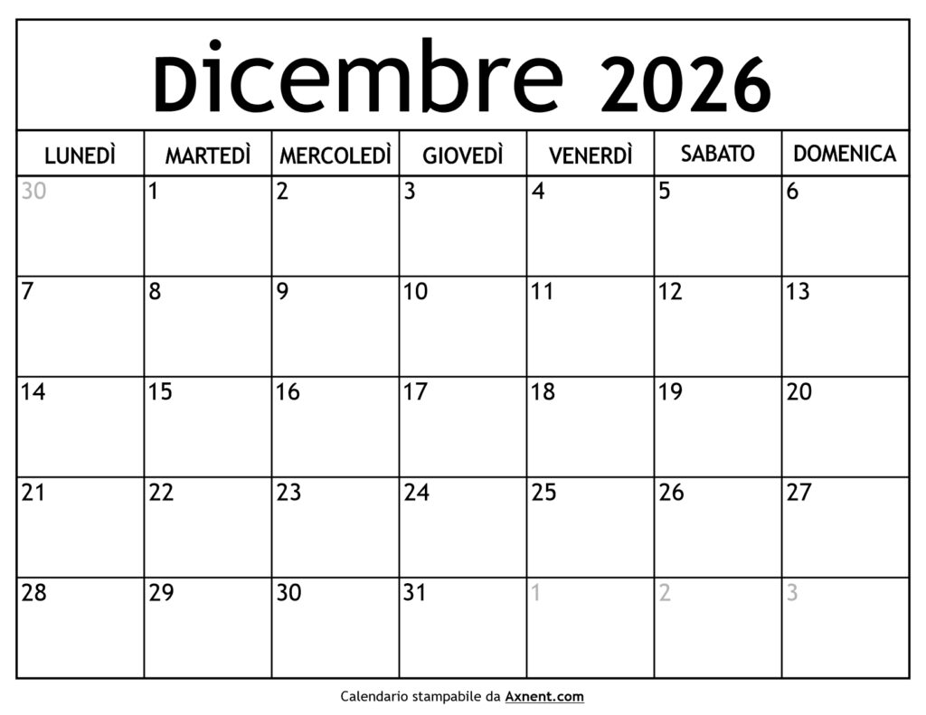 Calendario Dicembre 2026