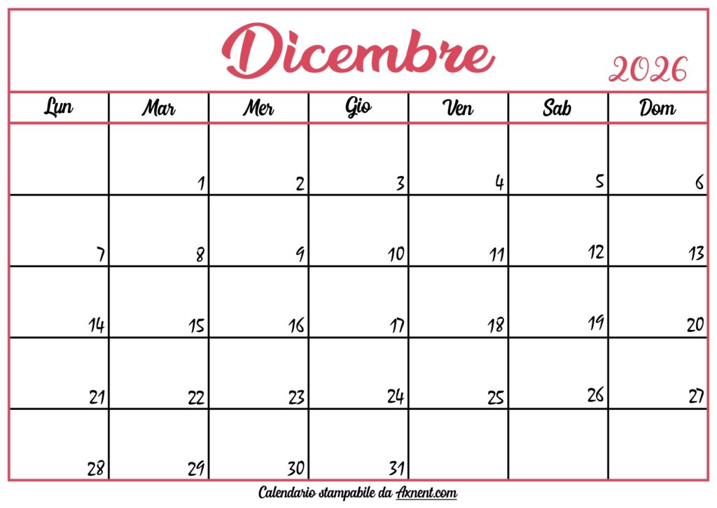 Calendario Dicembre 2026 Stampabile