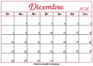 Calendario Dicembre 2026 Stampabile