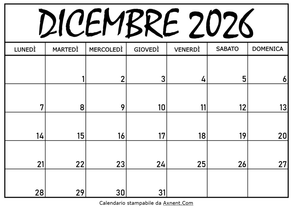 Calendario Dicembre 2026 da Stampare