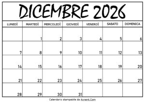 Calendario Dicembre 2026 da Stampare