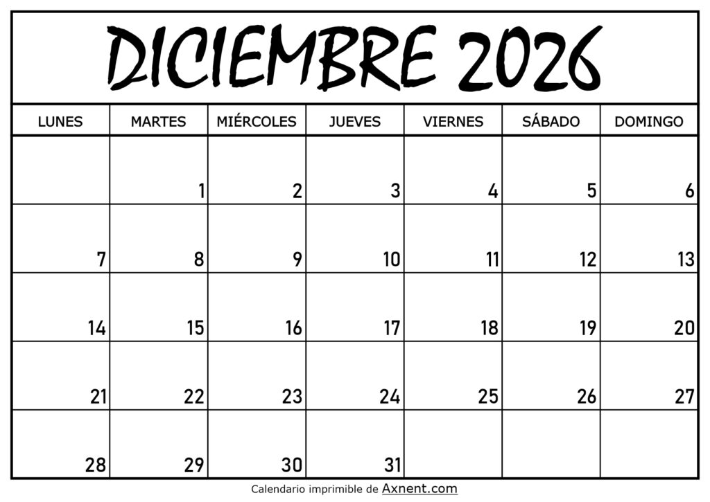 Calendario Diciembre 2026 Para Imprimir
