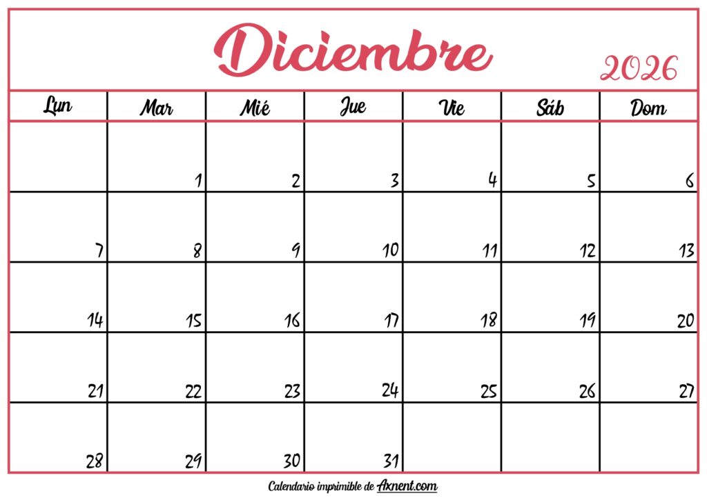 Calendario En Blanco Diciembre 2026