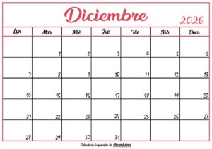 Calendario En Blanco Diciembre 2026