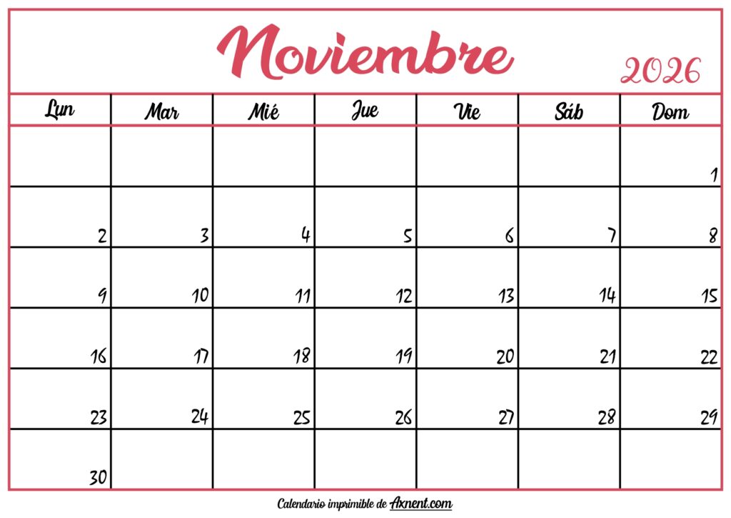 Calendario En Blanco Noviembre 2026
