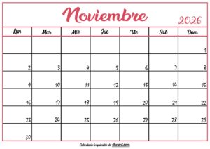 Calendario En Blanco Noviembre 2026