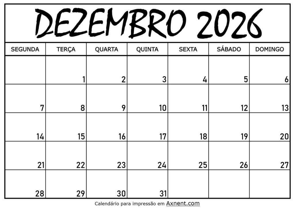 Calendário Mensal Dezembro 2026