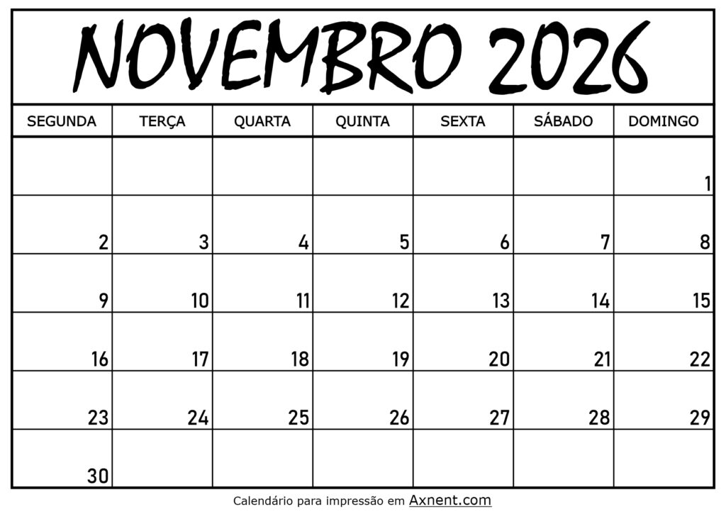 Calendário Mensal Novembro 2026