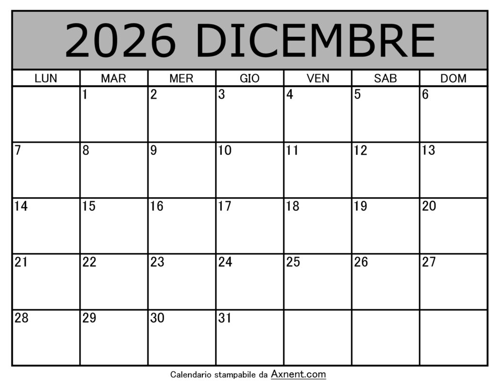 Calendario Mensile di Dicembre 2026