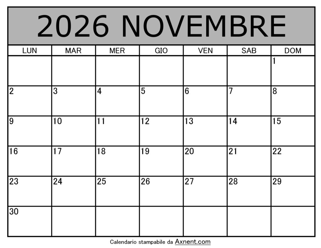 Calendario Mensile di Novembre 2026