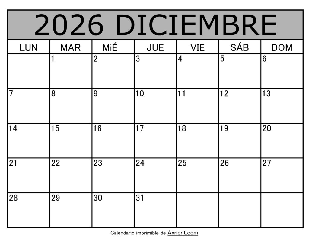 Calendario Mensual Diciembre 2026