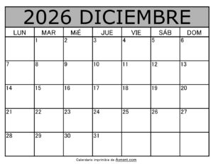 Calendario Mensual Diciembre 2026
