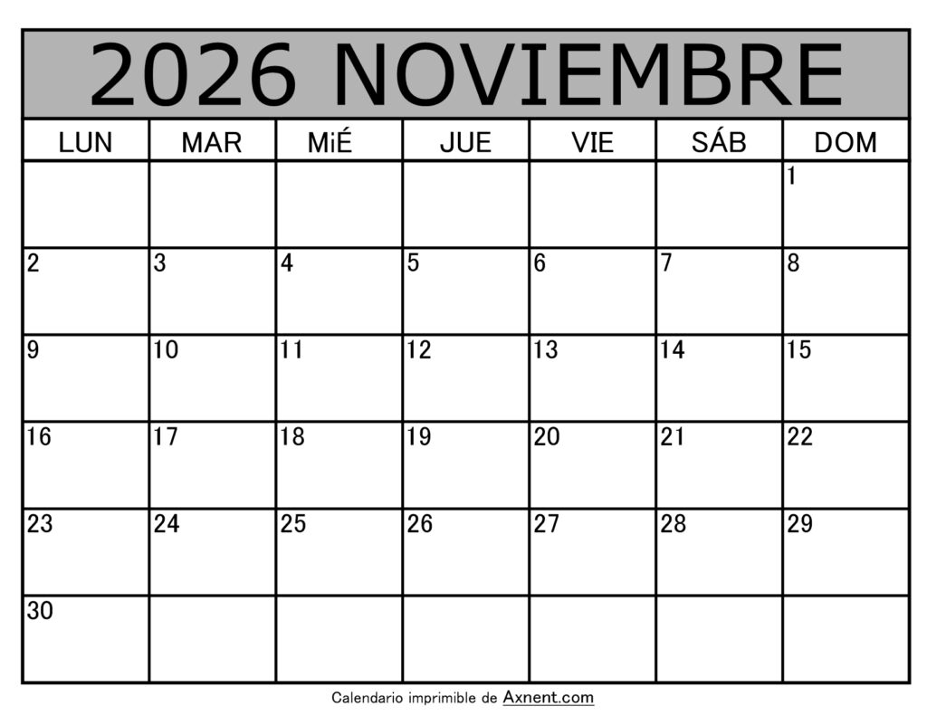 Calendario Mensual Noviembre 2026
