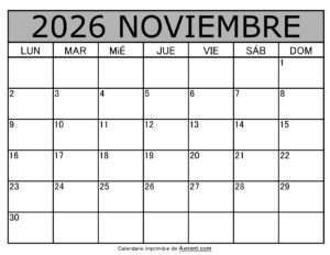 Calendario Mensual Noviembre 2026
