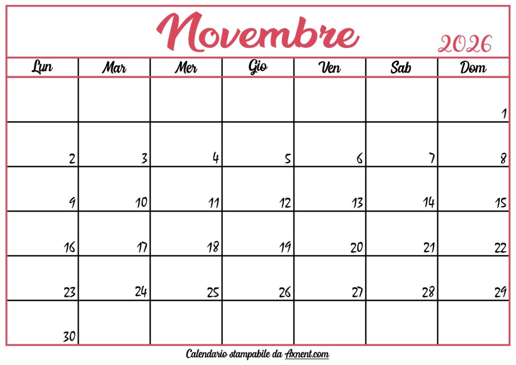 Calendario Novembre 2026 Stampabile