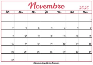 Calendario Novembre 2026 Stampabile