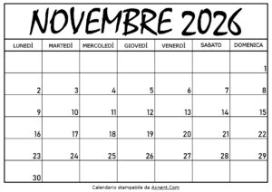 Calendario Novembre 2026 da Stampare