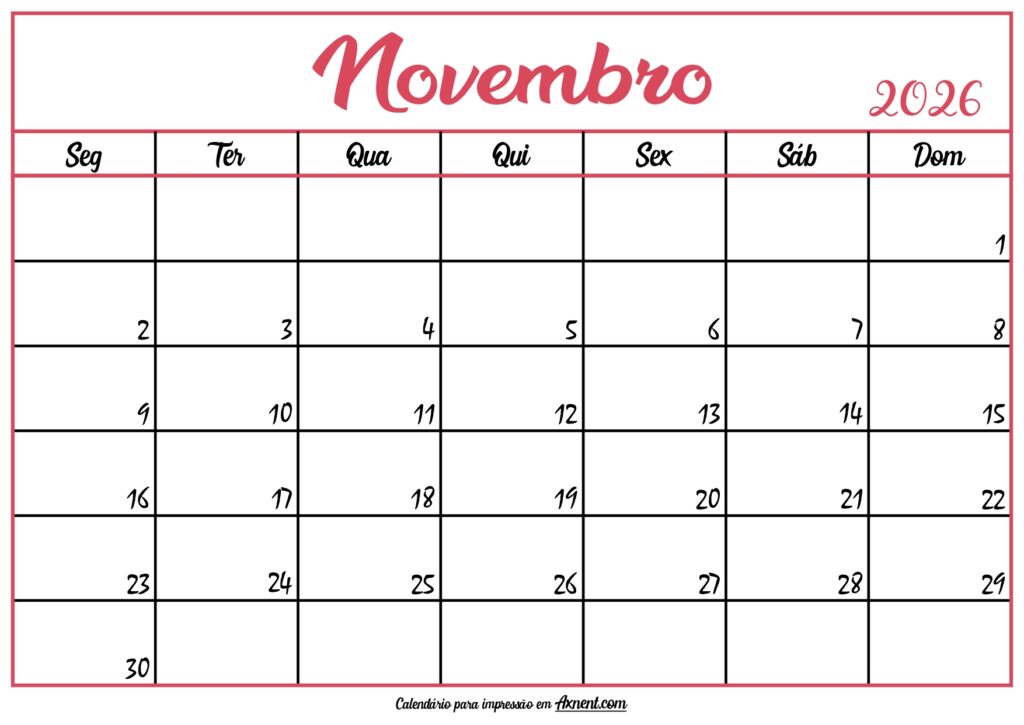 Calendário Novembro 2026