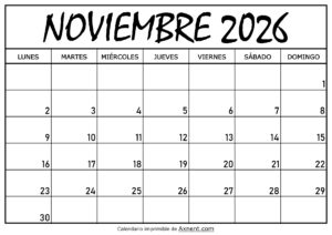 Calendario Noviembre 2026 Para Imprimir