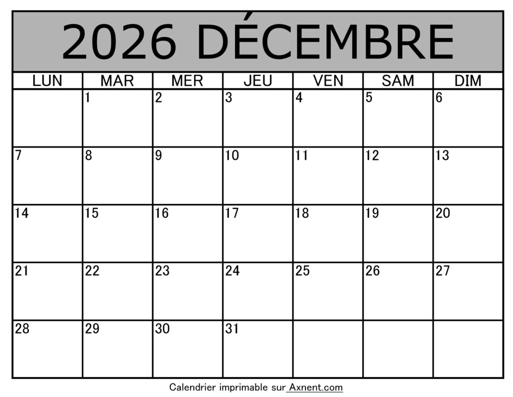 Calendrier À Imprimer Décembre 2026