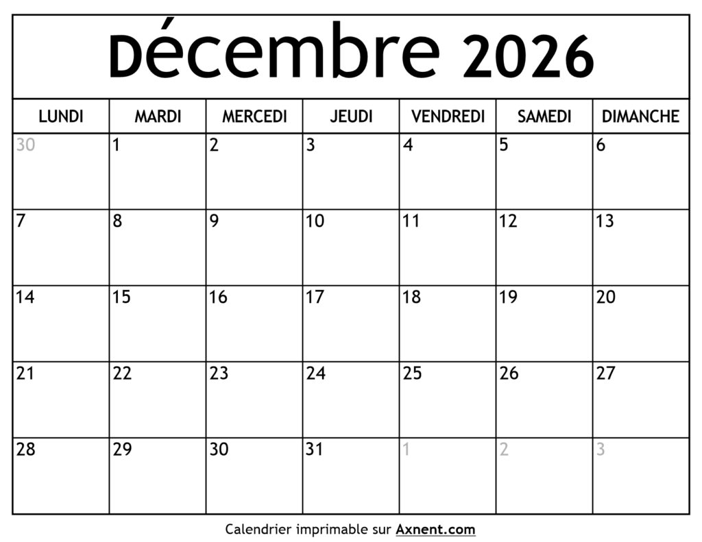 Calendrier Décembre 2026