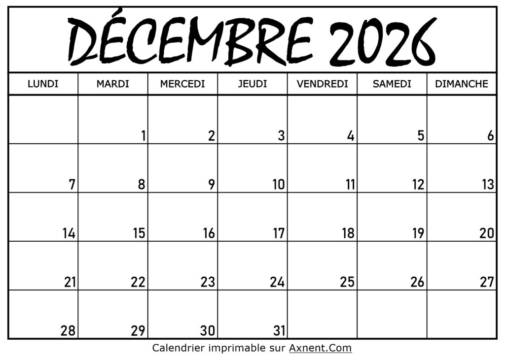 Calendrier Décembre 2026 À Imprimer