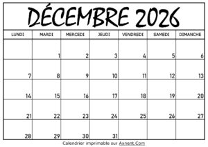 Calendrier Décembre 2026 À Imprimer