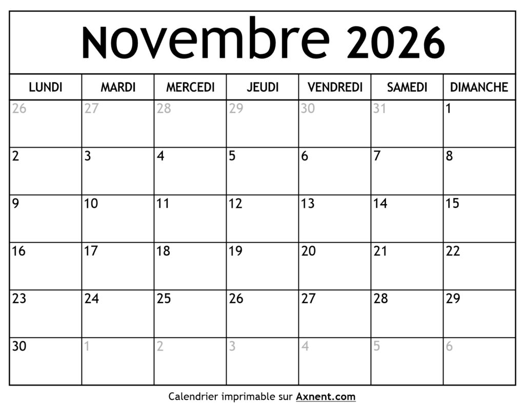 Calendrier Novembre 2026