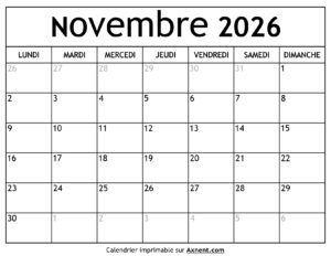 Calendrier Novembre 2026
