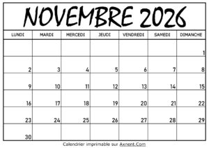 Calendrier Novembre 2026 À Imprimer