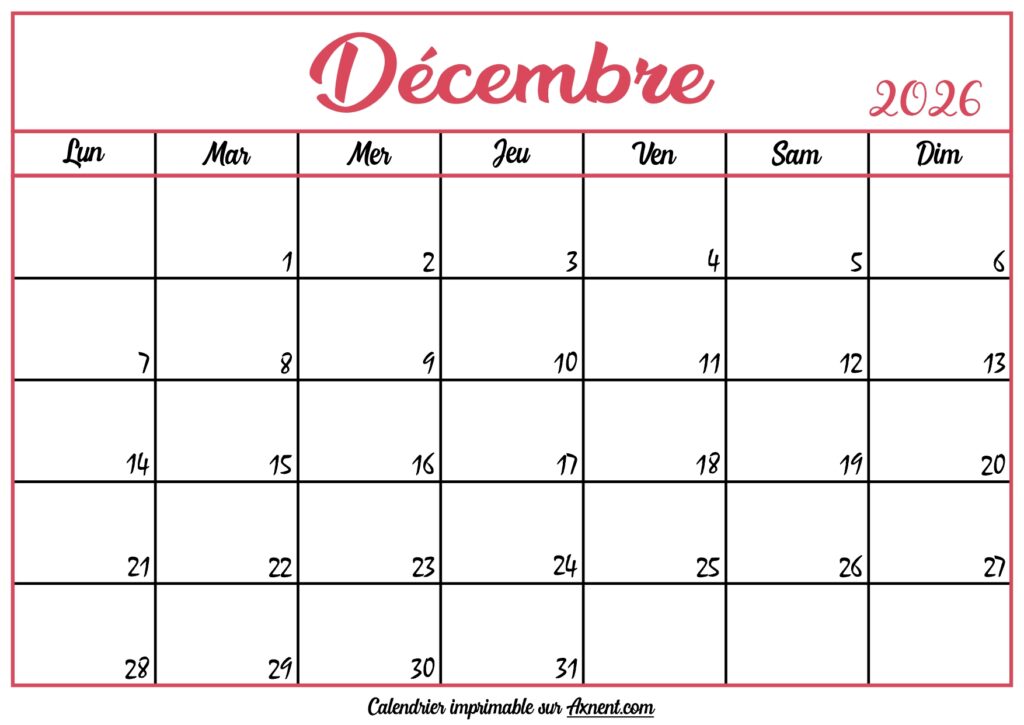 Calendrier Vierge Décembre 2026