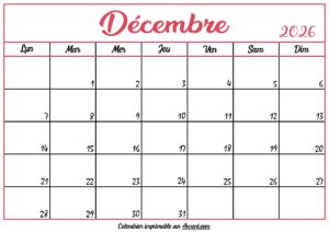Calendrier Vierge Décembre 2026