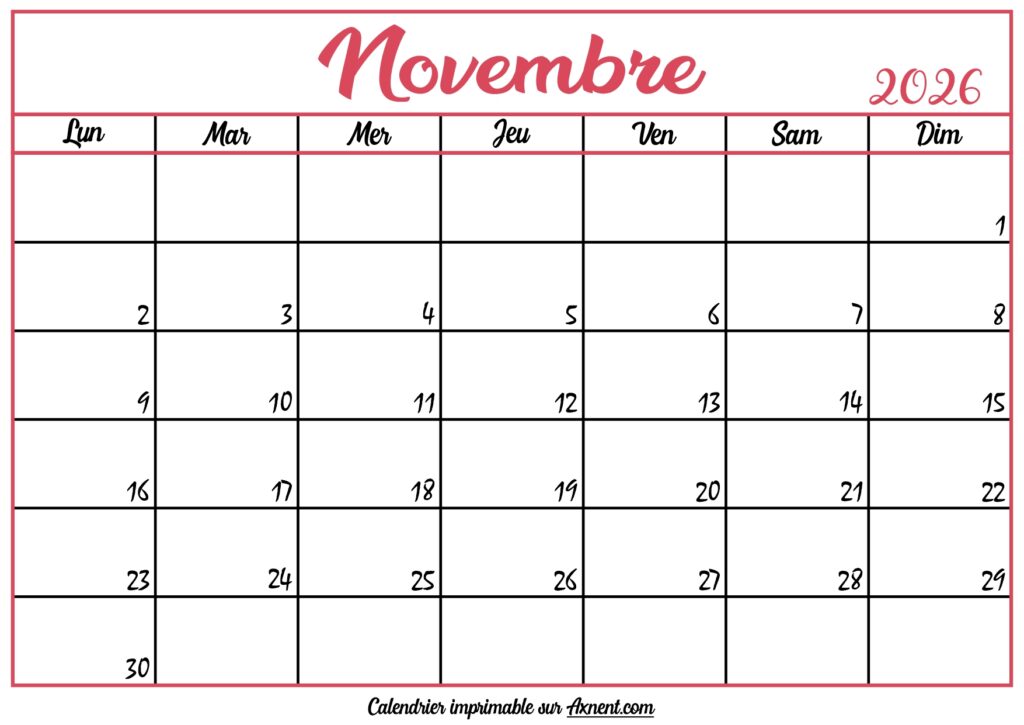 Calendrier Vierge Novembre 2026