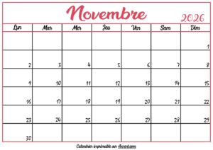 Calendrier Vierge Novembre 2026