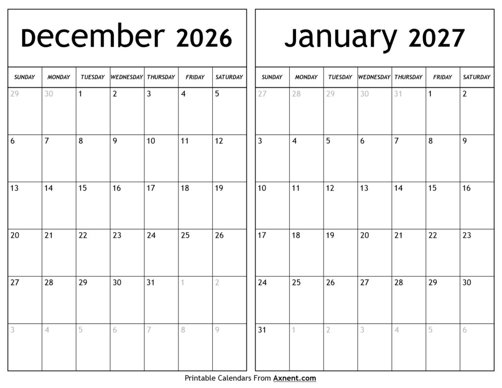 December 2026 January 2027 Calendar