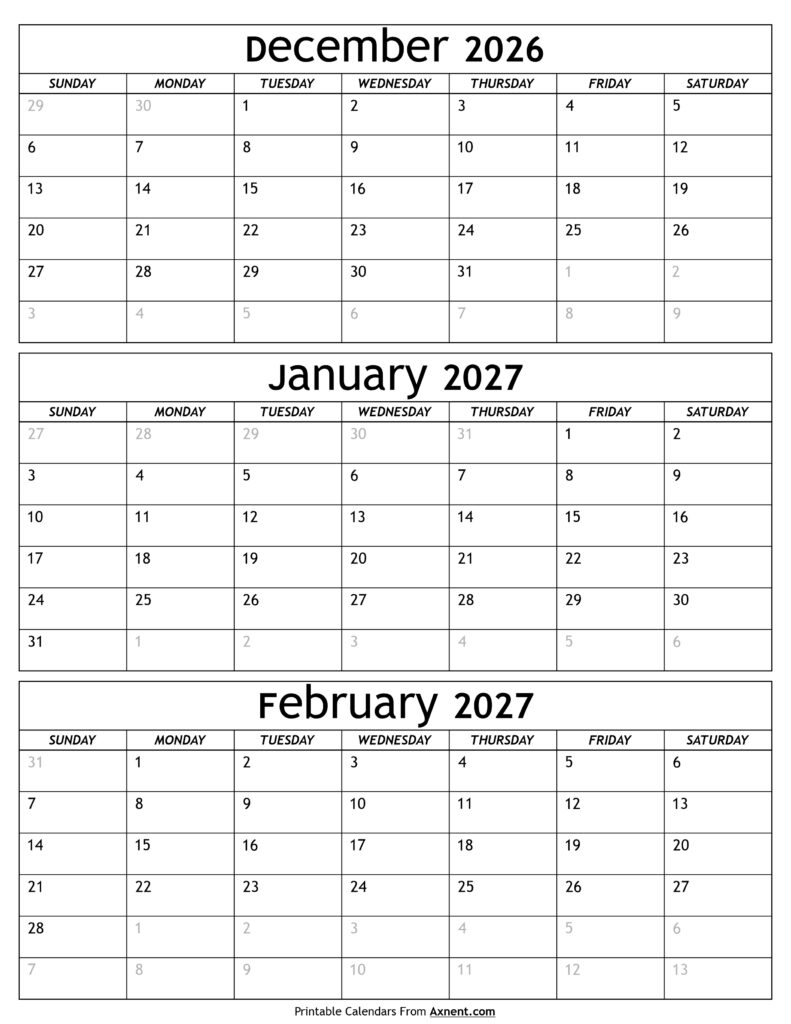 December 2026 to February 2027 Calendar