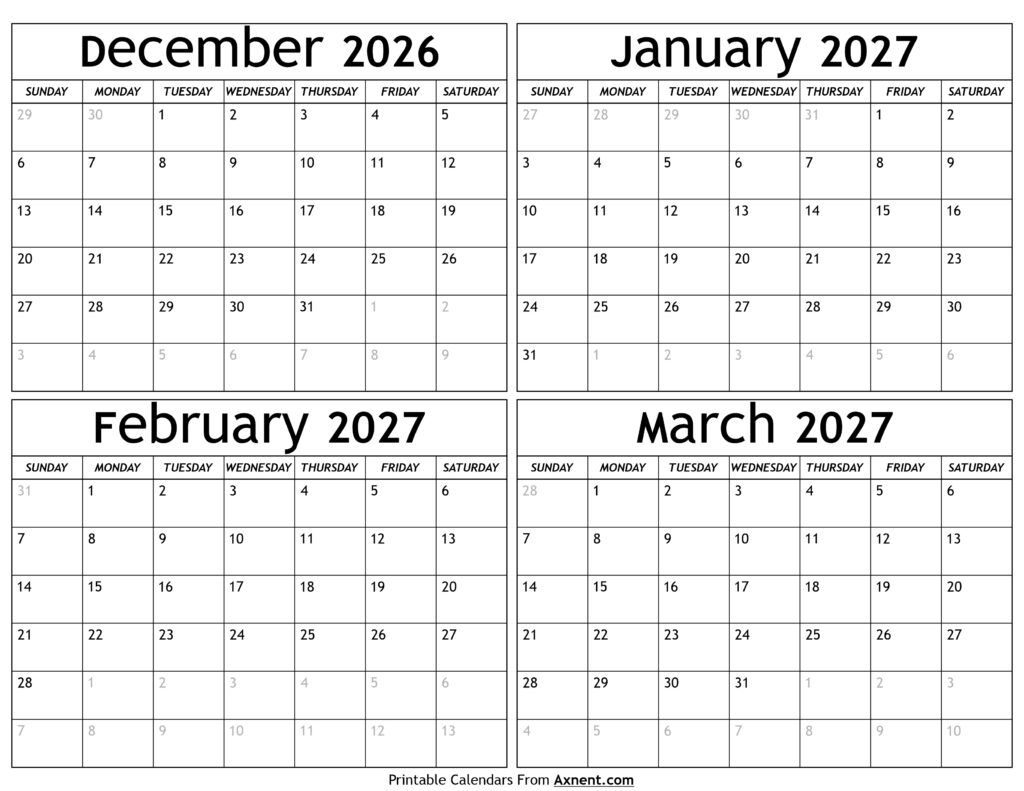 December 2026 to March 2027 Calendar