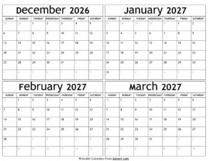 December 2026 to March 2027 Calendar