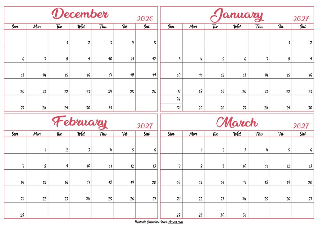 December 2026 to March 2027 Calendar Template